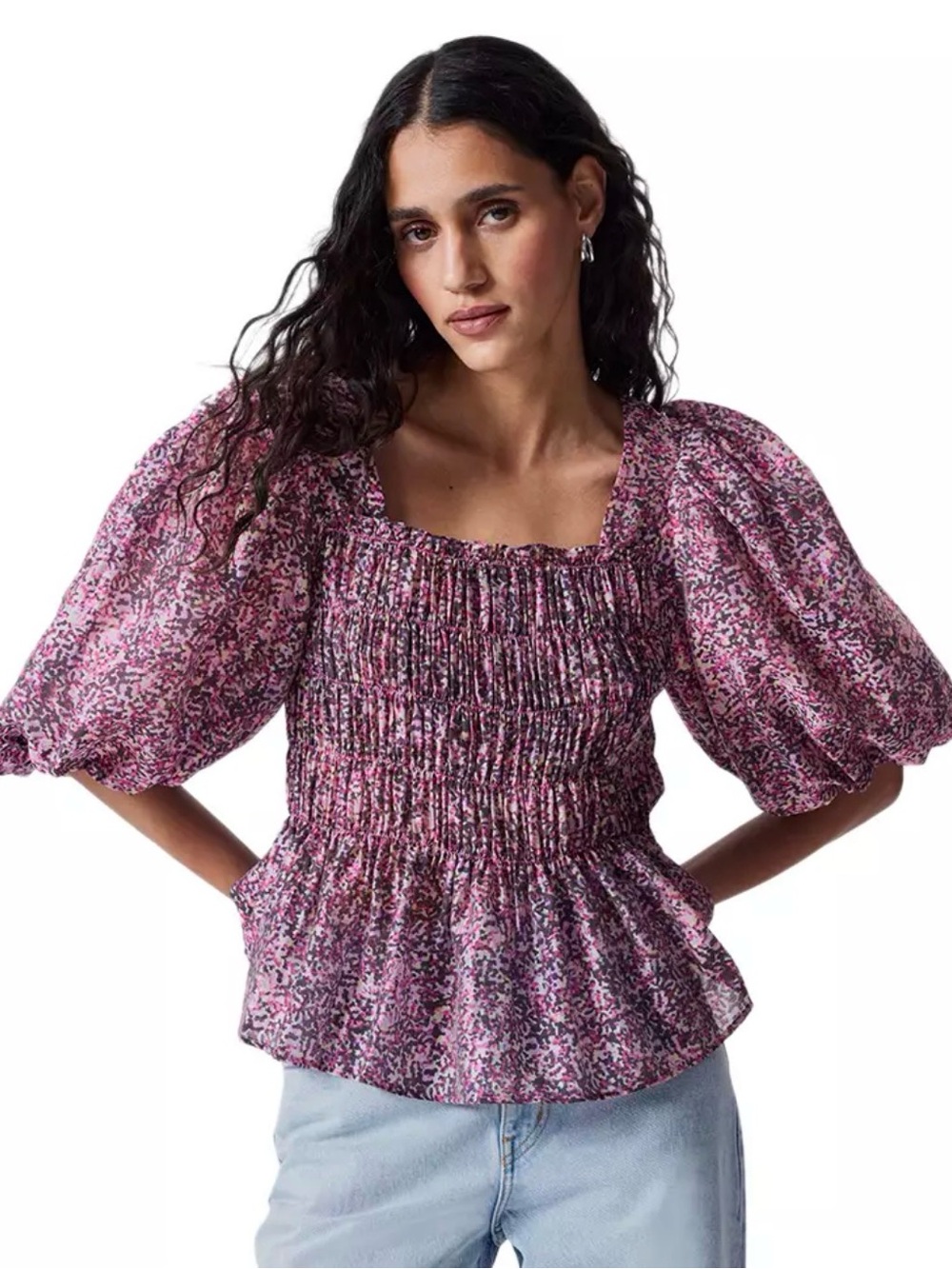 & Other Stories Smocked Puff Sleeve Floral Blouse – Size S